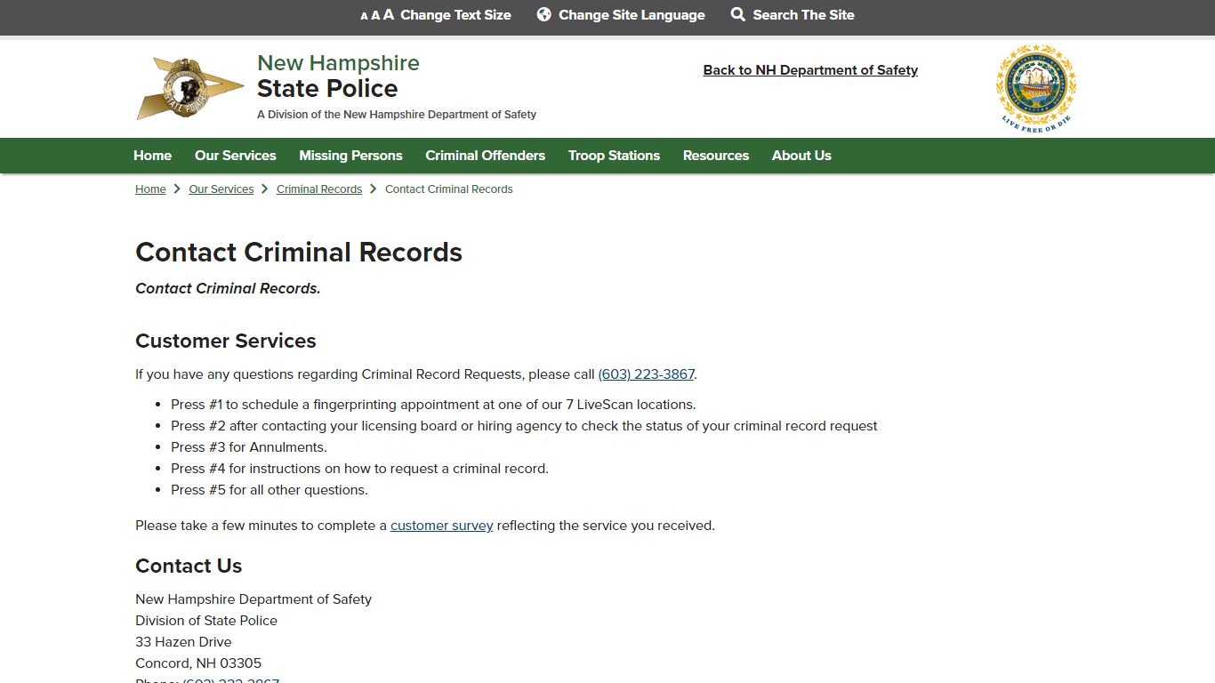 Contact Criminal Records | NH State Police